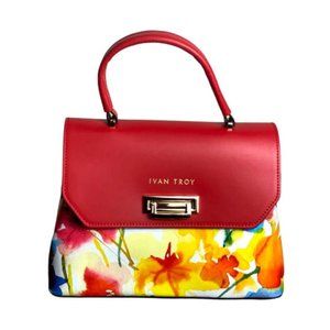 Ivan Troy Women's Ann Red Floral Print Italian Leather Straps Shourlder Handbag